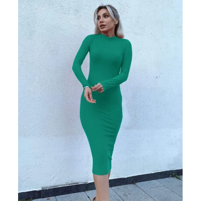 Kadın Yarım Balıkçı Yaka Süet Kumaş Fırsat ürün Midi Boy Elbise