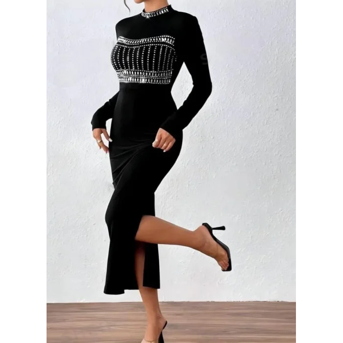 Kadın Yarım Balıkçı Yaka Taş Işemeli Bacak Dekolteli Maxi Boy Elbise