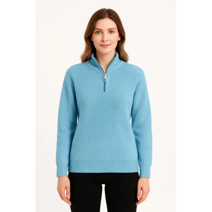 KADIN Yarım Fermuarlı Triko Kazak – Selanik Örgü, Dik Yaka, Pamuklu Dokuma, Oversize Uzun Kollu Kışlık Model - Bebe Mavisi