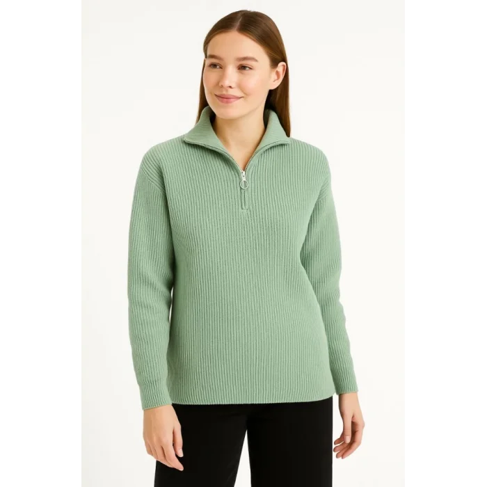 KADIN Yarım Fermuarlı Triko Kazak – Selanik Örgü, Dik Yaka, Pamuklu Dokuma, Oversize Uzun Kollu Kışlık Model - Mint Yeşili