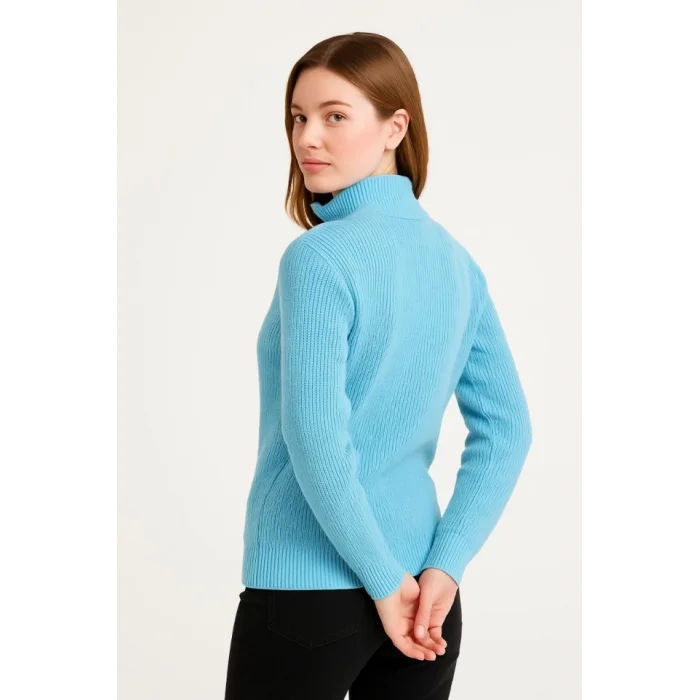 KADIN Yarım Fermuarlı Triko Kazak – Selanik Örgü, Dik Yaka, Pamuklu Dokuma, Oversize Uzun Kollu Kışlık Model - Bebe Mavisi