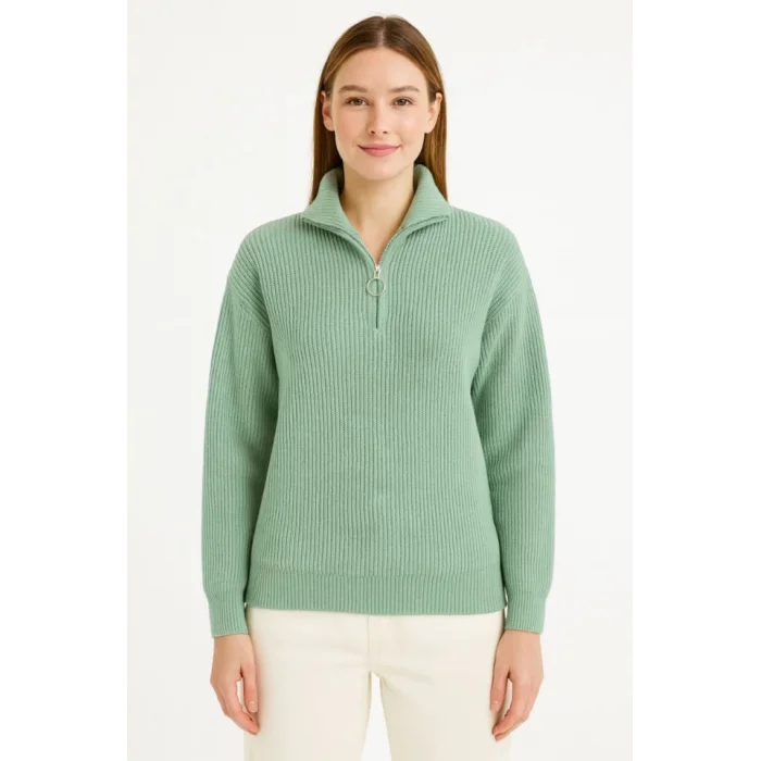 KADIN Yarım Fermuarlı Triko Kazak – Selanik Örgü, Dik Yaka, Pamuklu Dokuma, Oversize Uzun Kollu Kışlık Model - Mint Yeşili