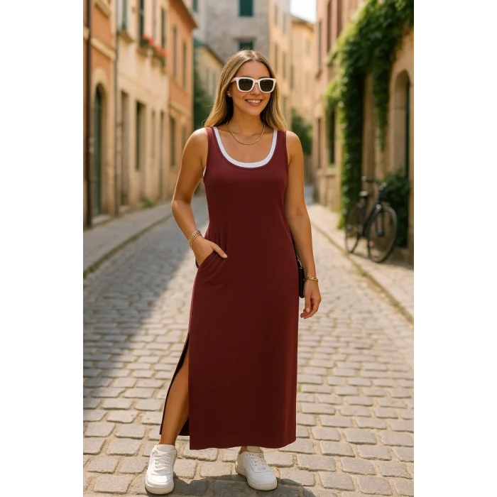 Kadın Yırtmaç Detaylı Viskon Kumaş Maxi Boy Cepli Iç Dahil Ikili Elbise