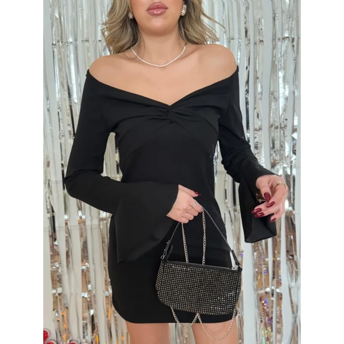 Kadın Yolbaşı özel Uzun Kollu çapraz Derin Dekolte Detaylı Ithal Krep Kısa Elbise