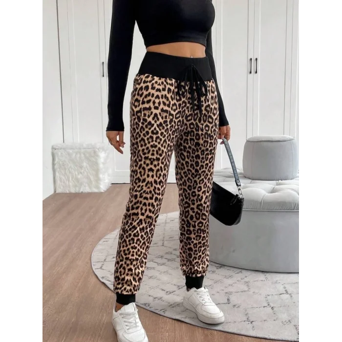 Kadın Yüksek Bel Bağcıklı Desenli Iki Iplik Pantolon