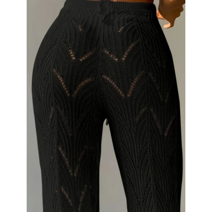 Kadın Yüksek Bel Bağcıklı Desenli Triko Plaj Pantolon