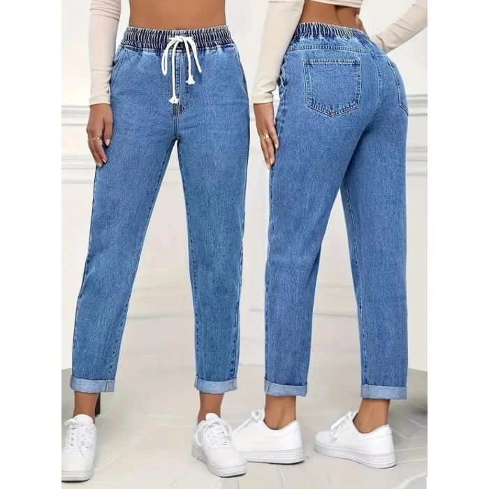 Kadın Yüksek Bel Bağcıklı Kot Pantolon