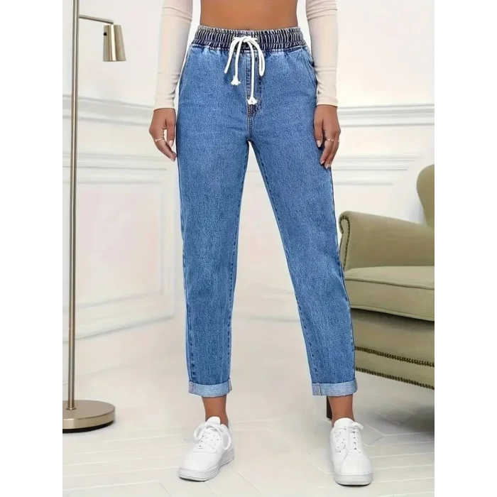 Kadın Yüksek Bel Bağcıklı Kot Pantolon