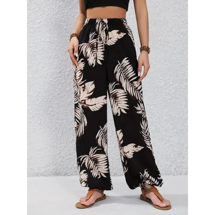 Kadın Yüksek Bel Bağcıklı Yaprak Desenli Süprem Pantolon
