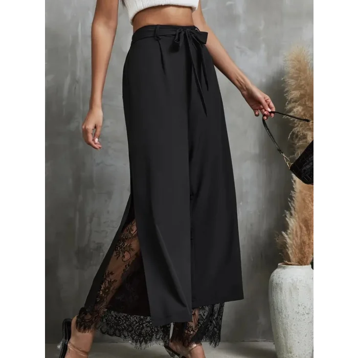 Kadın Yüksek Bel Belden Kuşaklı üst Dalgıç Alt Dantel Detaylı Dalgıç Pantolon