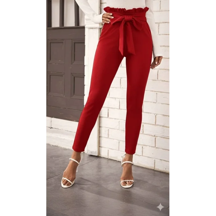 Kadın Yüksek Bel Beli Fırfırlı önden Bağlamalı Ithal Krep Pantolon