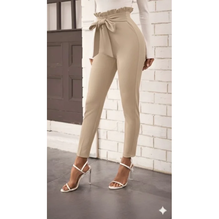 Kadın Yüksek Bel Beli Fırfırlı önden Bağlamalı Ithal Krep Pantolon