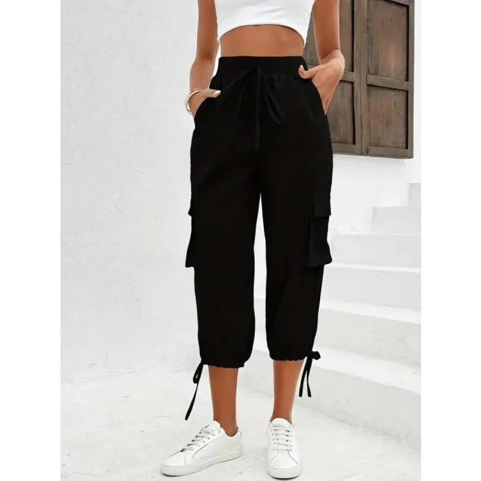 Kadın Yüksek Bel Beli Lastikli Bağcıklı Cepli Kargo Viskon Iki Iplik Pantolon
