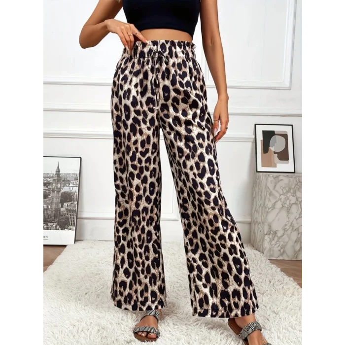 Kadın Yüksek Bel Beli Lastikli Bağcıklı Leopar Desenli Süprem Pantolon