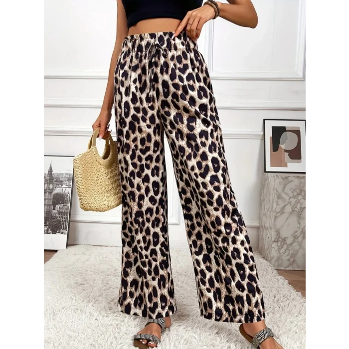 Kadın Yüksek Bel Beli Lastikli Bağcıklı Leopar Desenli Süprem Pantolon