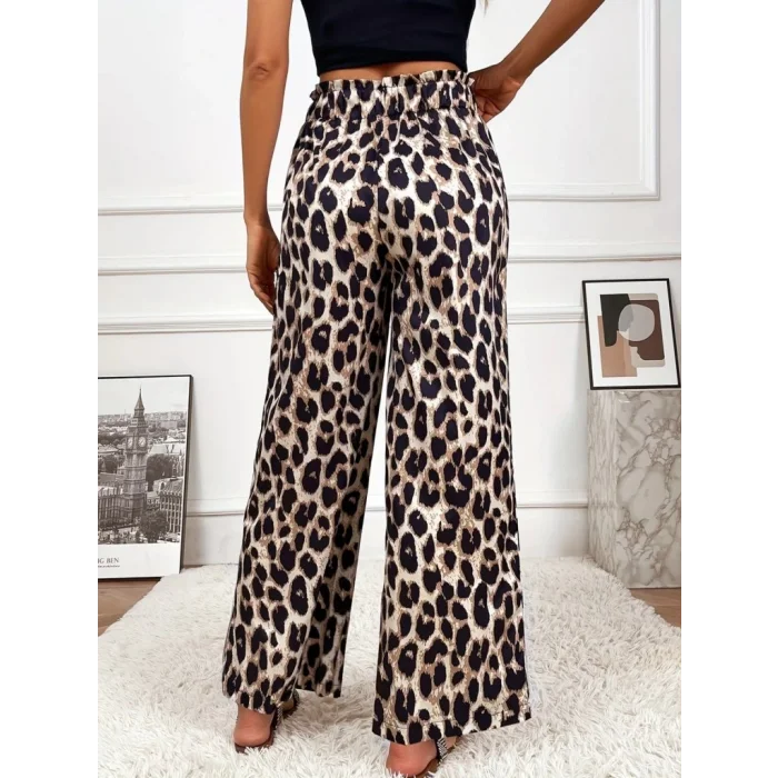 Kadın Yüksek Bel Beli Lastikli Bağcıklı Leopar Desenli Süprem Pantolon