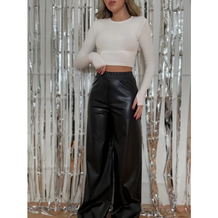 Kadın Yüksek Bel Beli Lastikli Geniş Paçalı Deri Pantolon