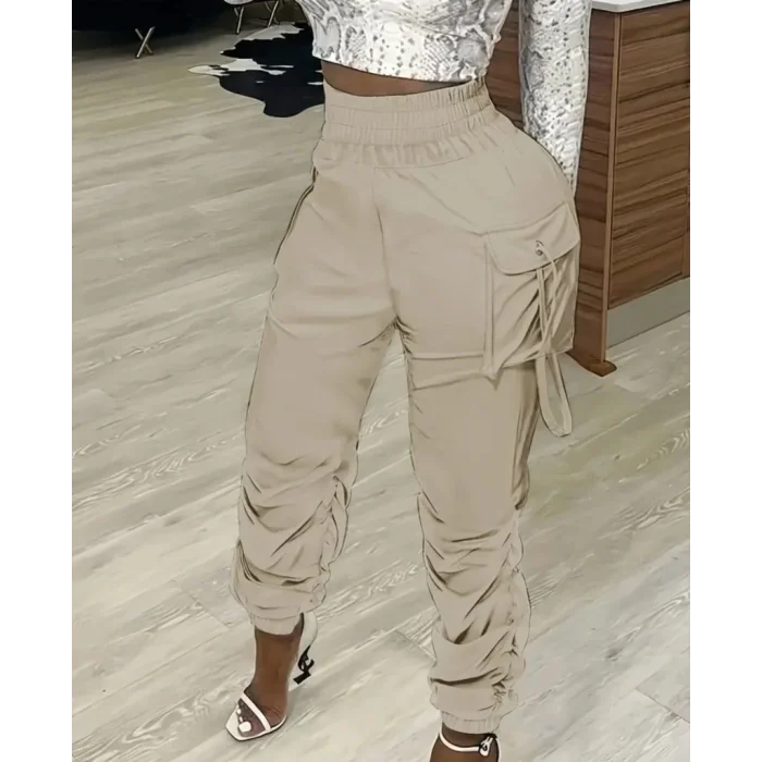 Kadın Yüksek Bel Beli Lastikli Kargo Cep Detaylı Gabardin Pantolon