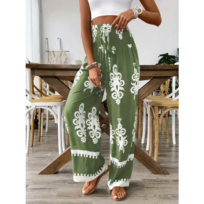 Kadın Yüksek Bel Büzgülü Etnik Desen Baskılı Süprem Pantolon