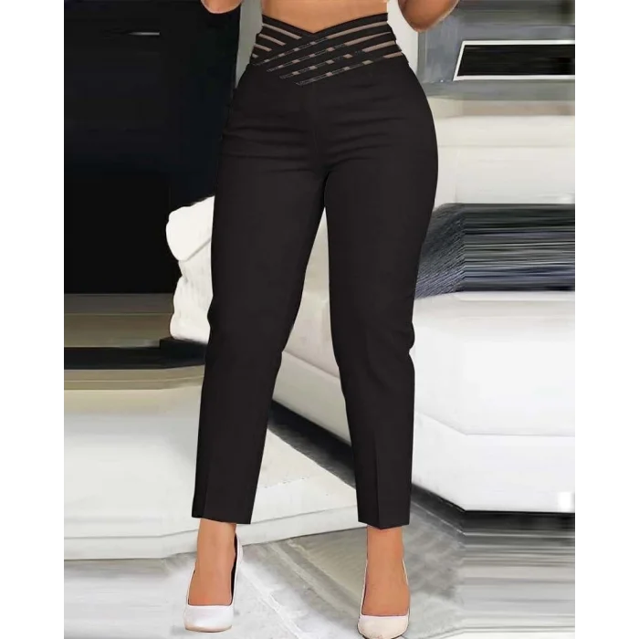 Kadın Yüksek Bel çapraz şerit Detaylı Ithal Krep Pantolon