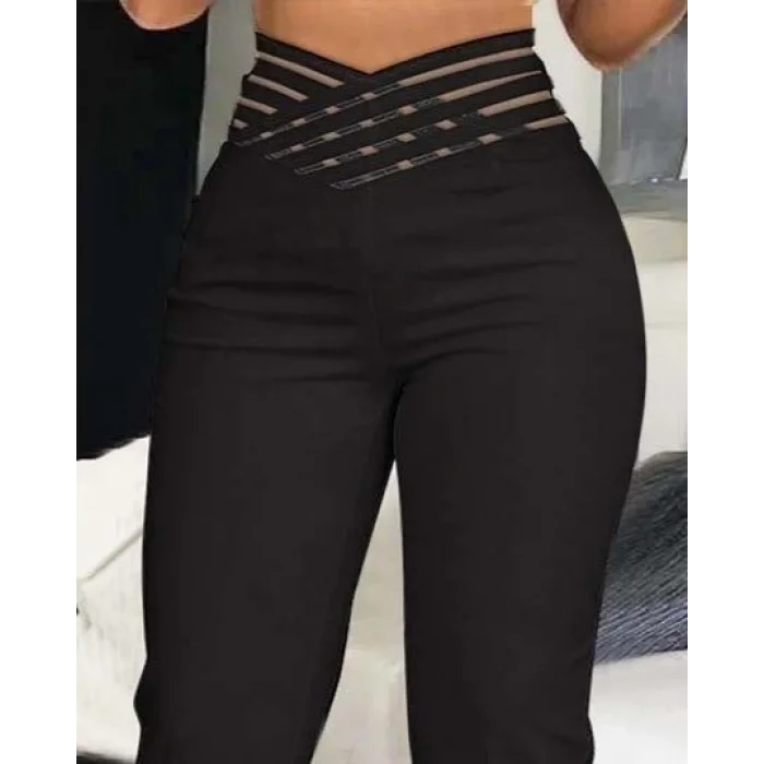 Kadın Yüksek Bel çapraz şerit Detaylı Ithal Krep Pantolon