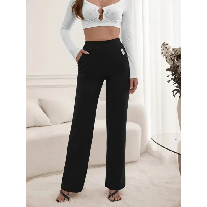 Kadın Yüksek Bel Cepli Geniş Kesim Ithal Krep Pantolon