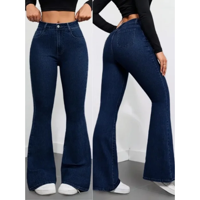 Kadın Yüksek Bel Cepli İspanyol Paçalı Kot Pantolon