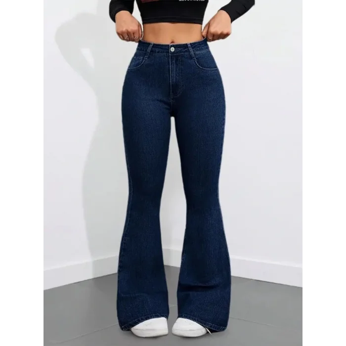 Kadın Yüksek Bel Cepli İspanyol Paçalı Kot Pantolon