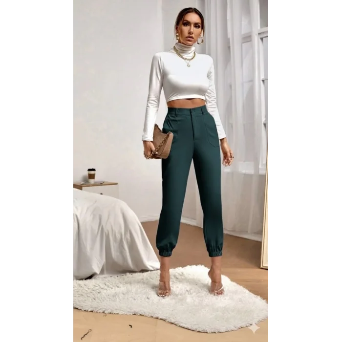 Kadın Yüksek Bel Cepli Paçası Lastikli Ithal Krep Pantolon