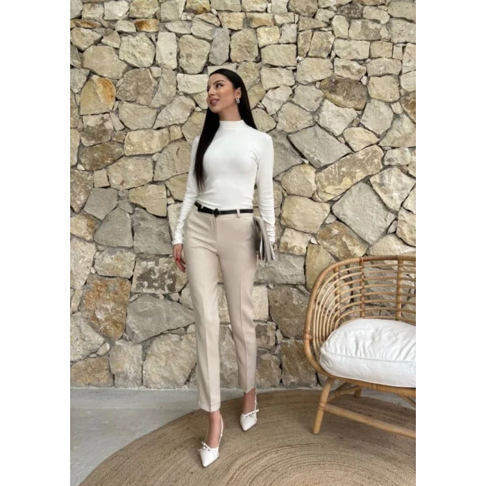 Kadın Yüksek Bel Dar Paça Kemer Dahil Kumaş Pantolon