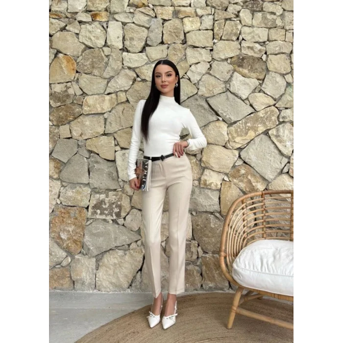 Kadın Yüksek Bel Dar Paça Kemer Dahil Kumaş Pantolon