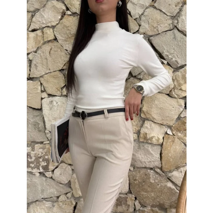 Kadın Yüksek Bel Dar Paça Kemer Dahil Kumaş Pantolon