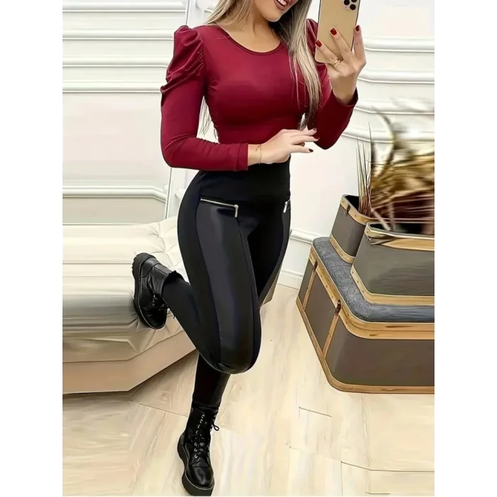 Kadın Yüksek Bel Deri Detaylı Fermuarlı Dalgıç Tayt