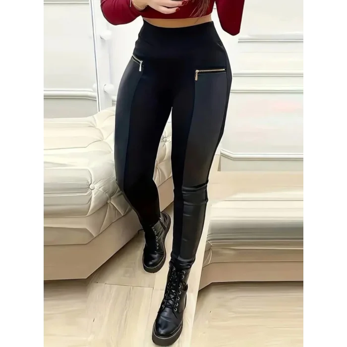 Kadın Yüksek Bel Deri Detaylı Fermuarlı Dalgıç Tayt