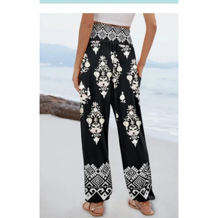 Kadın Yüksek Bel Desenli Lastikli Süprem Pantolon