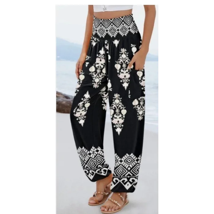 Kadın Yüksek Bel Desenli Lastikli Süprem Pantolon