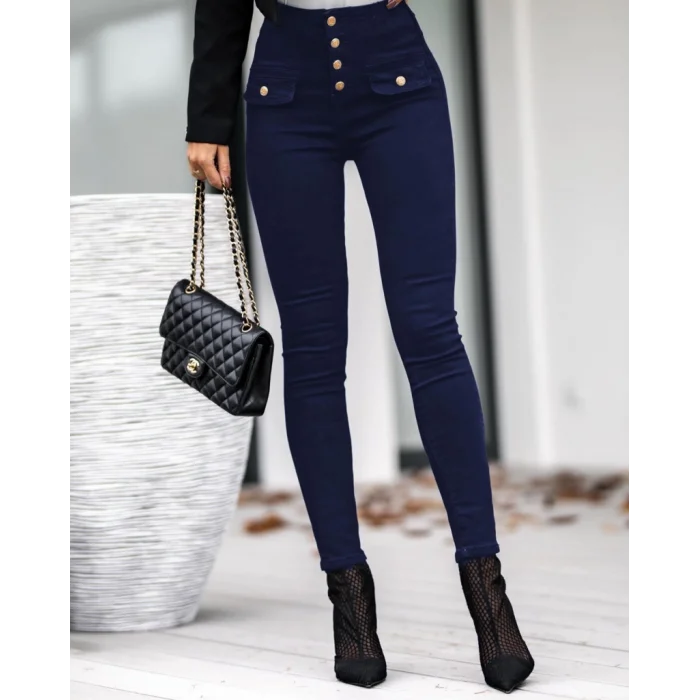 Kadın Yüksek Bel Düğmeli Cep Detay Kot Pantolon