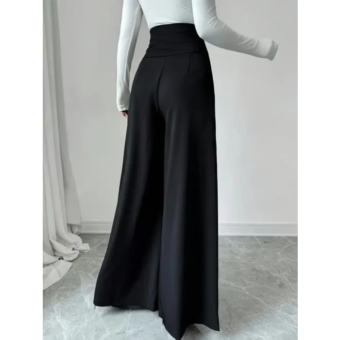 Kadın Yüksek Bel Düğmeli Geniş Paçalı Ithal Krep Pantolon