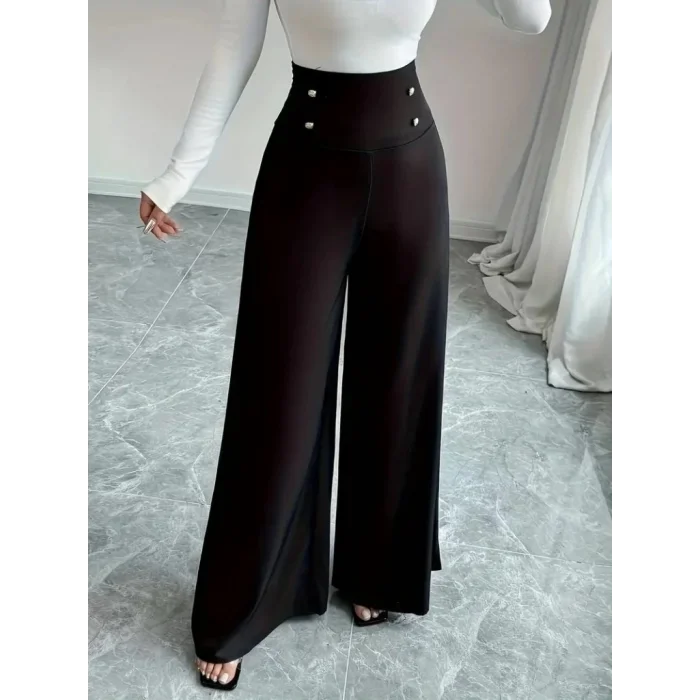 Kadın Yüksek Bel Düğmeli Geniş Paçalı Ithal Krep Pantolon