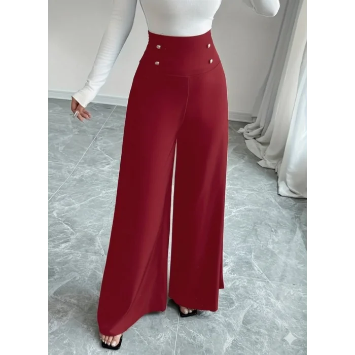Kadın Yüksek Bel Düğmeli Geniş Paçalı Ithal Krep Pantolon