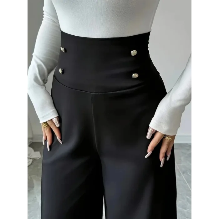 Kadın Yüksek Bel Düğmeli Geniş Paçalı Ithal Krep Pantolon