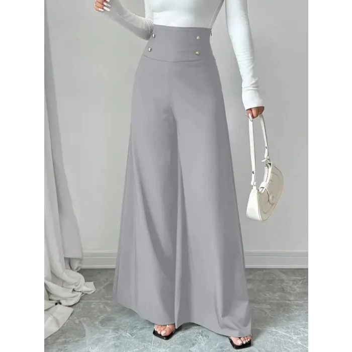 Kadın Yüksek Bel Düğmeli Geniş Paçalı Ithal Krep Pantolon