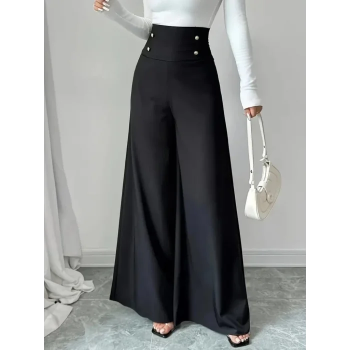 Kadın Yüksek Bel Düğmeli Geniş Paçalı Ithal Krep Pantolon