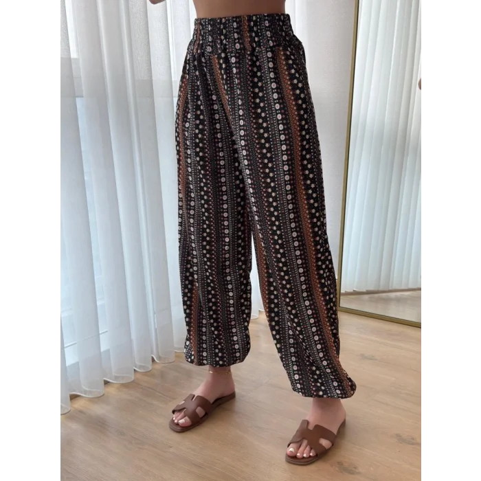 Kadın Yüksek Bel Etnik Desenli Geniş Dökümlü Bürümcük Pantolon