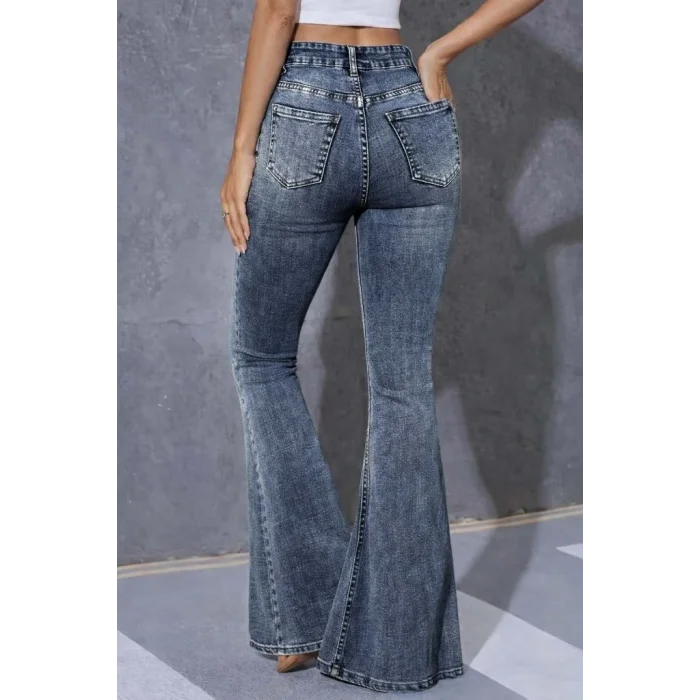 Kadın Yüksek Bel Fermuarlı İspanyol Paçalı Kot Pantolon