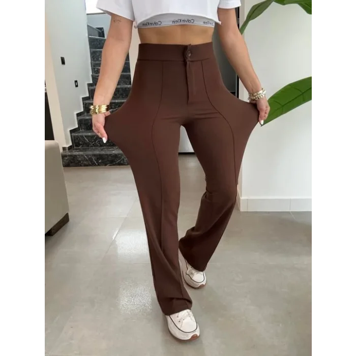 Kadın Yüksek Bel Full Likralı Krep Kumaş Pantolon