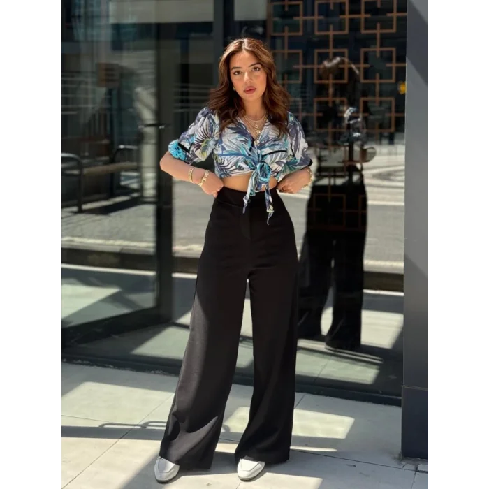 Kadın Yüksek Bel Geniş Paça Detaylı Cepli Ithal Krep Pantolon