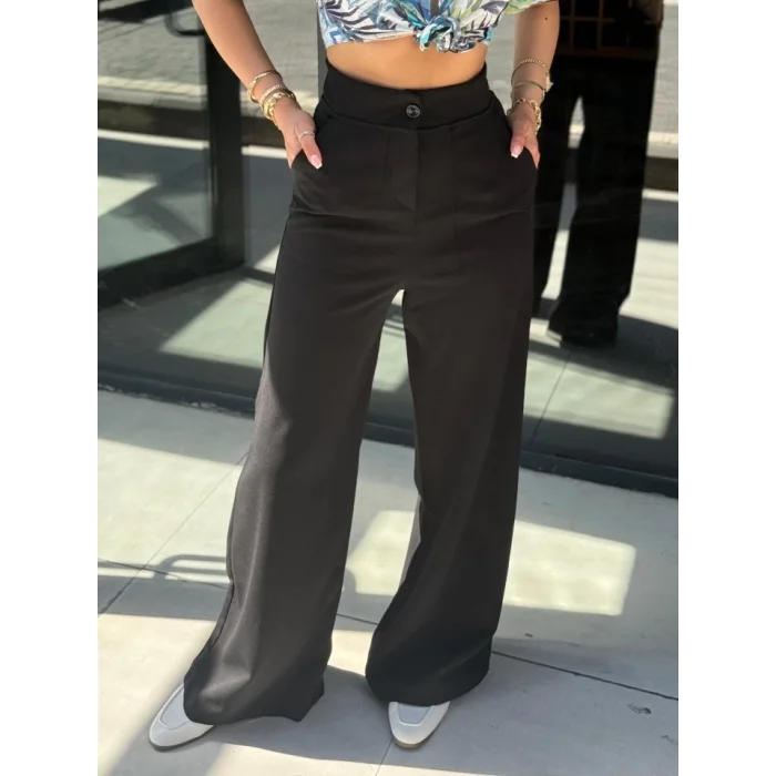 Kadın Yüksek Bel Geniş Paça Detaylı Cepli Ithal Krep Pantolon