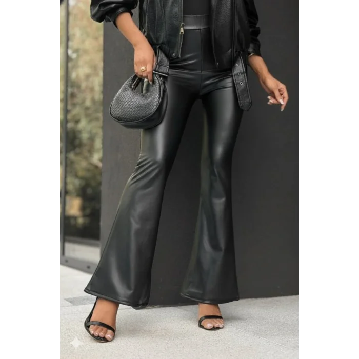 Kadın Yüksek Bel İspanyol Paçalı Deri Pantolon