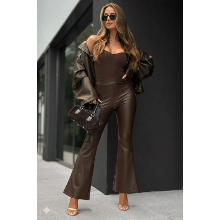 Kadın Yüksek Bel İspanyol Paçalı Deri Pantolon